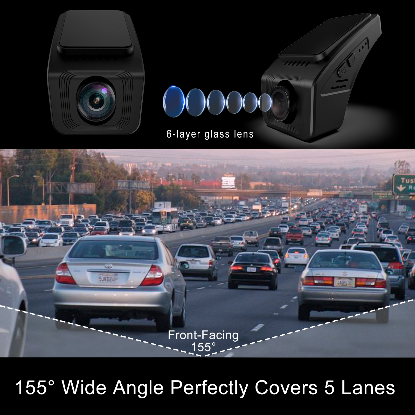AX2V 2K WiFi Dash Cam for Cars with Super Night Vision and 170° Wide Angle  - Screenless 1600P Dash Camera with WDR, G-Sensor, Loop Recording, and